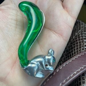Green Jelly Belly lucite Paris P&M Silver Squirrel Brooch